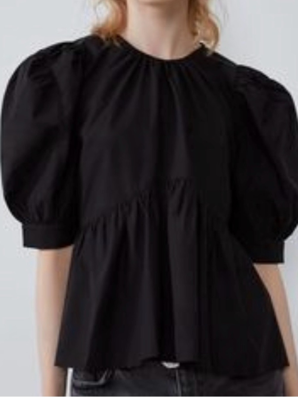 ZARA Black Poplin Puff Sleeve Peplum Blouse
